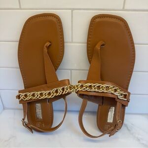 Primark Tan Flat Sandals with Gold Chain Detail – Size 9
